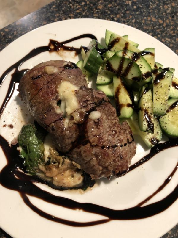 Steak Florentine with cucumbers and a little drizzle of a balsamic reduction. Lisa Orne Hallinan photo