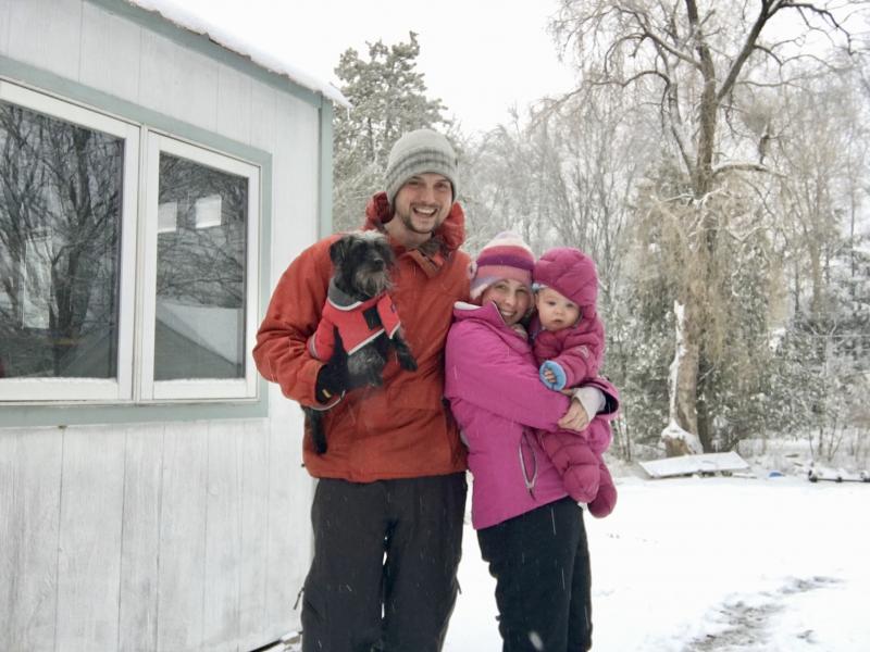 Stephan Puff spends Wiscasset’s snow day with wife Lauren and their daughter Emery, 6 months, and their dachshund-poodle mix, Pepper Puff, adopted from Coastal Humane Society. Courtesy of Stephan Puff
