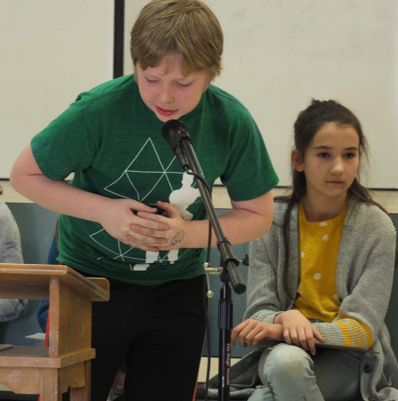 Edgecomb Eddy sixth grader Will Seiders was eliminated in the spelling bee’s third round by missing “luggage.” BILL PEARSON/Boothbay Register