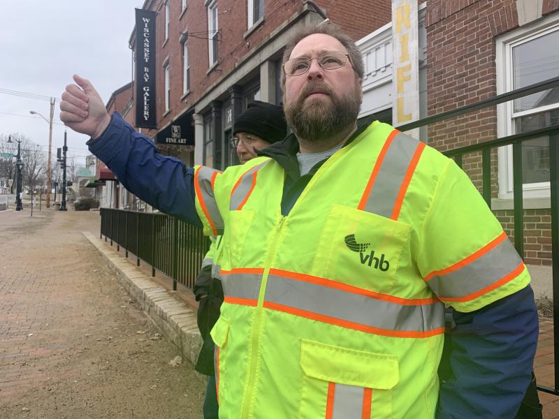 Chris Bobay of engineering firm VHB takes part in
traffic and railroad signal testing in Wiscasset Feb. 26. SUSAN JOHNS/Wiscasset Newspaper