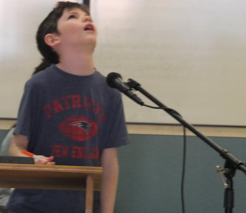 Edgecomb Eddy fourth grader Ethan Clark realizes he misspelled “ribbon” during the school’s Jan. 31 spelling bee. BILL PEARSON/Boothbay Register