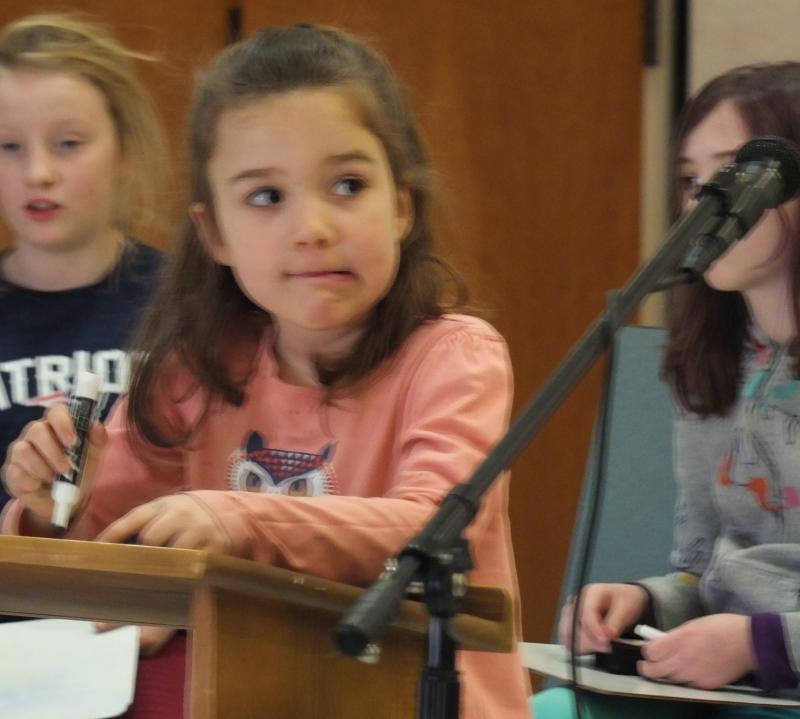 Spelling “hall” perplexed Edgecomb Eddy first grader Fern Chapman Jan. 31 as she misspelled the word and was eliminated in the school spelling bee’s second round. BILL PEARSON/Boothbay Register