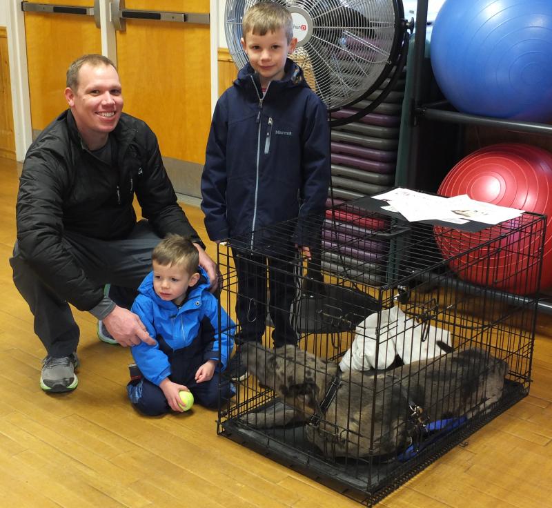 Dave Goodwin of East Boothbay brought his sons, David, left and Dylan to the Midcoast Humane pet adoption Feb. 15. The Goodwins visited with this Catahoula dog. BILL PEARSON/Boothbay Register