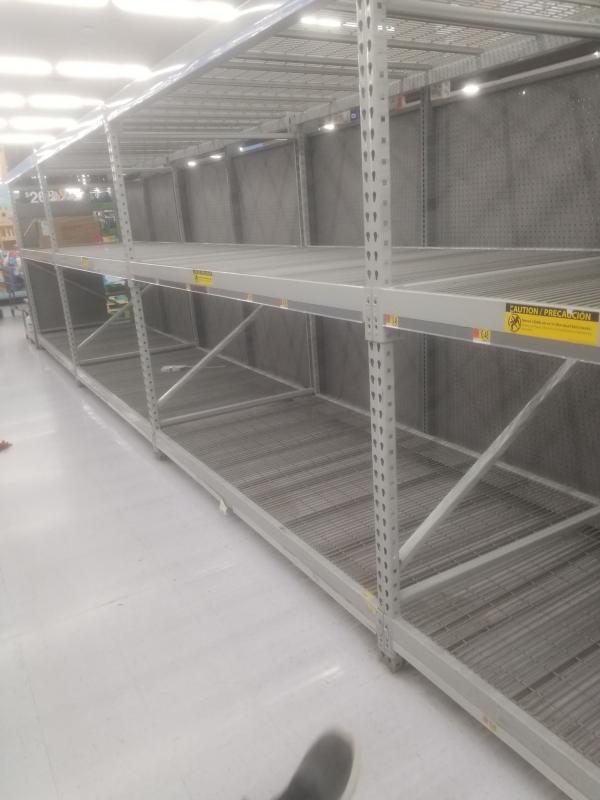 Toilet paper and cleaning supply shelves were scarce in Walmart stores. VANESSA DUNN/Wiscasset Newspaper