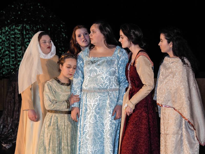 Wiscasset Middle High School thespians rehearse a scene from their one act play, ““Desdemona in the Afterlife.” Courtesy of Jean Phillips