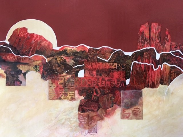 “Monuments” - a 19” x 26” mixed media collage by Hilary Bartlett. Courtesy of the artist Hilary Bartlett, Maine