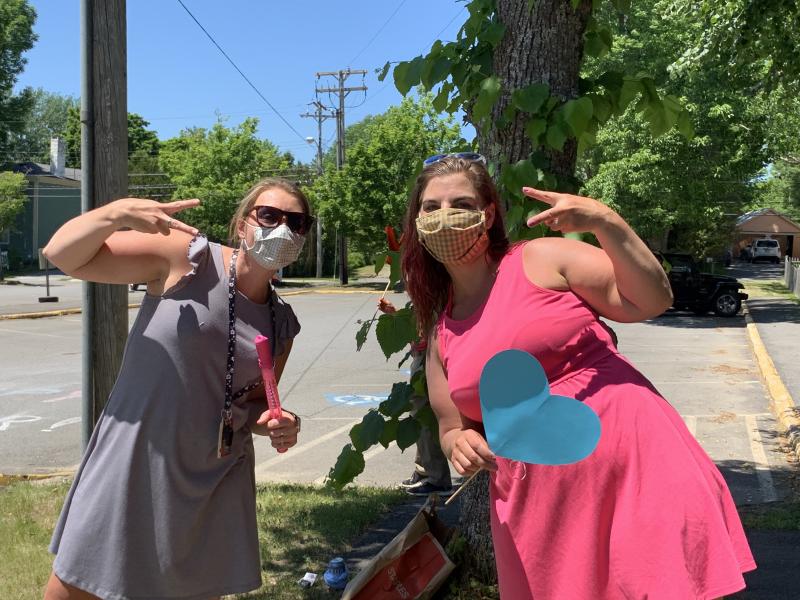 Katie Ruzyckij, left, and Samantha Crawford, both of Wiscasset Elementary School’s PreK program, take part in the school’s reverse parade, summer sendoff June 19. SUSAN JOHNS/Wiscasset Newspaper