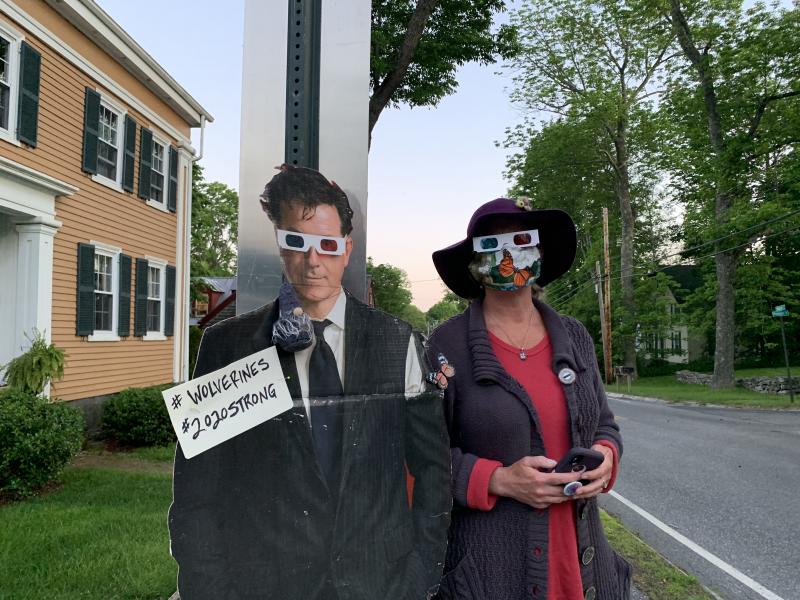Well-wisher Liz Palmer and her flat Stephen Colbert, from the late night talk show host’s younger years. SUSAN JOHNS/Wiscasset Newspaper