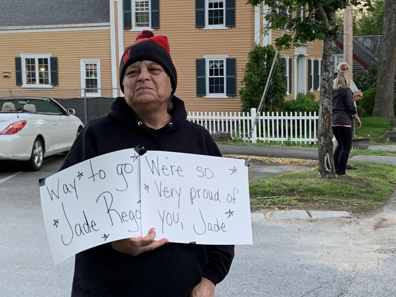 Class of 2020 grandmother Beverly Elwell awaits the post-graduation parade on Federal Street. SUSAN JOHNS/Wiscasset Newspaper
