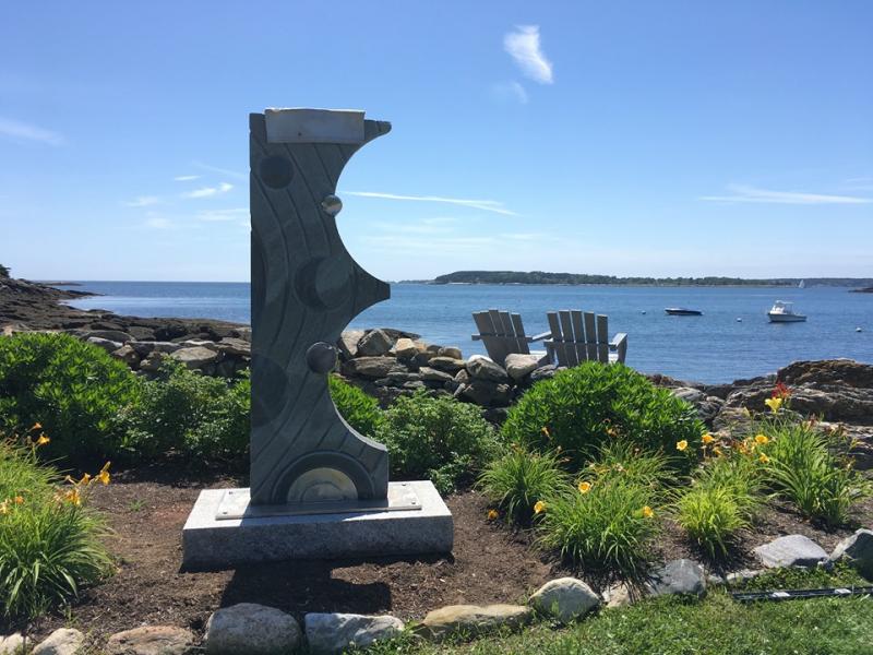 “Galaxy” in its new home, the garden at Ocean Point Inn and that incredible view! Courtesy of Patricia Royall