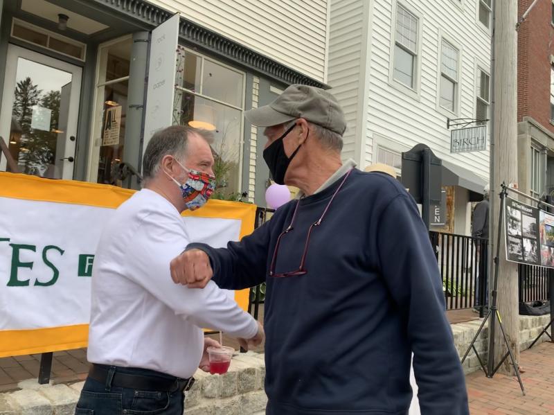 Ben Rines Jr., left, and Frank Barnako share an elbow bump. SUSAN JOHNS/Wiscasset Newspaper