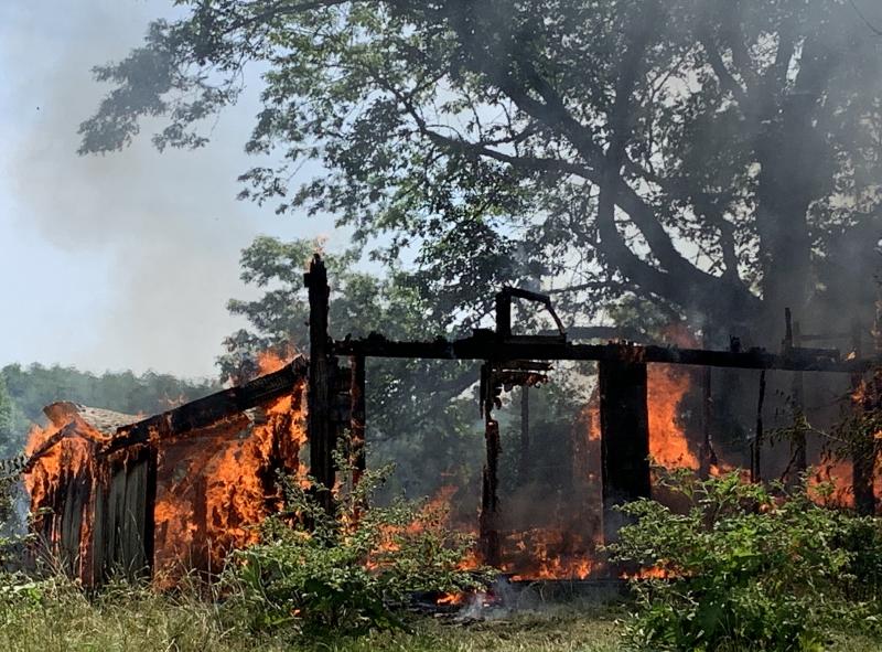 A storage shed is part of an Aug. 9 training burn in Woolwich. SUSAN JOHNS/Wiscasset Newspaper