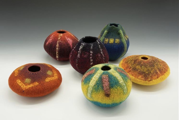 Judith Daniels’ fiber vessels are among the fiber art offerings at Markings Gallery in Bath. Courtesy photo Judith Daniels