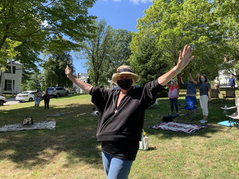 Terry Heller, mid-bell-ringing Sunday, organized the picnic and bell-ringing on Wiscasset Common with First Congregational Church of Wiscasset Pastor Josh Fitterling. SUSAN JOHNS/Wiscasset Newspaper