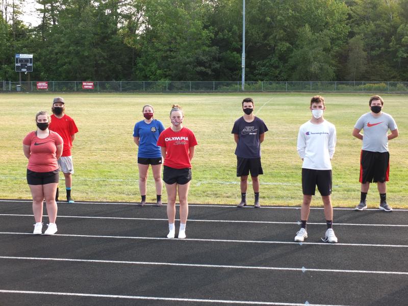 Wiscasset Middle High School had a mixture of returning and new players for an alternative soccer program focusing on skill development this fall. Pictured from left, front row: Paige Davenport, Gwenyth Webber, Aidan Foley and John Hodson; second row: Kyle St. Pierre, Kayla Cossette, Matt Eckert and Kasey Mills. BILL PEARSON/Boothbay Register
Second row red Kyle St. Pierre, blue Kayla Cossette.=, Matt Eckert, gray Kasey Mills PEARSON/Boothbay Register