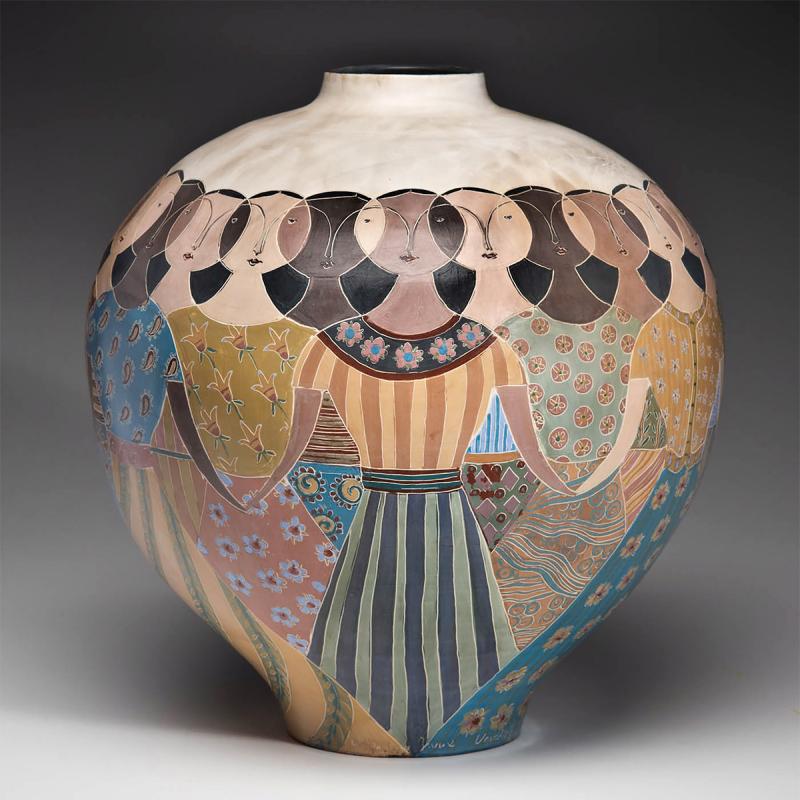 "United We Stand" - white Earthenware, painted with terra sigillata - 17" x 15” by Melissa Greene. See it in the new Maine Art Gallery show in Wiscasset. Courtesy of the venue Melissa Greene