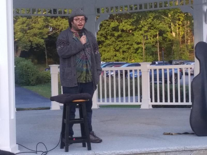 Harbor Peer & Wellness Center life coach Dylan Bredeau discusses his battle with addiction Aug. 31 during the “132 Candles” event on the Boothbay Common. BILL PEARSON/Boothbay Register