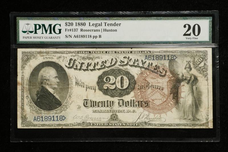 This twenty dollar bill, series 1880, signed Rosecrans and Huston is among the items in the auction on Oct. 23. Courtesy of Thomaston Place Auction Galleries
