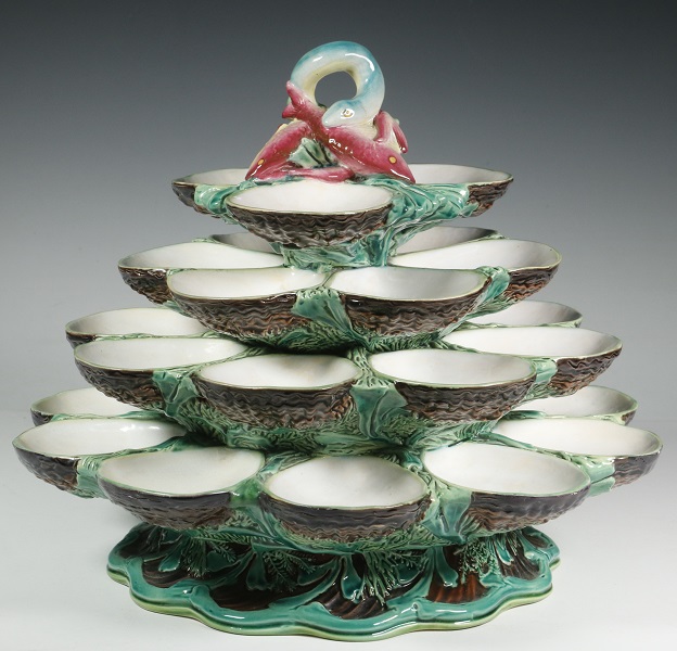 Circa 1870 Minton majolica four-tier rotating oyster server. Courtesy of Thomaston Place