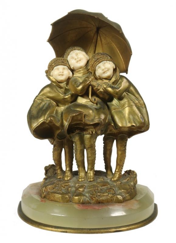 Bronze depicting three girls with umbrella by Dmitri Chiparus. Courtesy of Thomaston Place