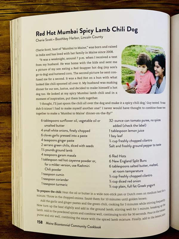 Cherie Scott’s recipe of Red Hot Mumbai Spicy Lamb Chili Dog along with a story of how she was inspired to submit the recipe appears as one of 200 in the Maine Bicentennial Community Cookbook. Courtesy photo