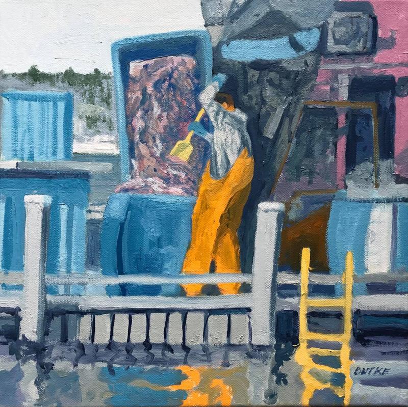 John Butke’s “Bait Man in Winter,” one of the many 12” x 12” paintings created for BRAF’s Art in the Square 2020. Courtesy of the artist John Butke