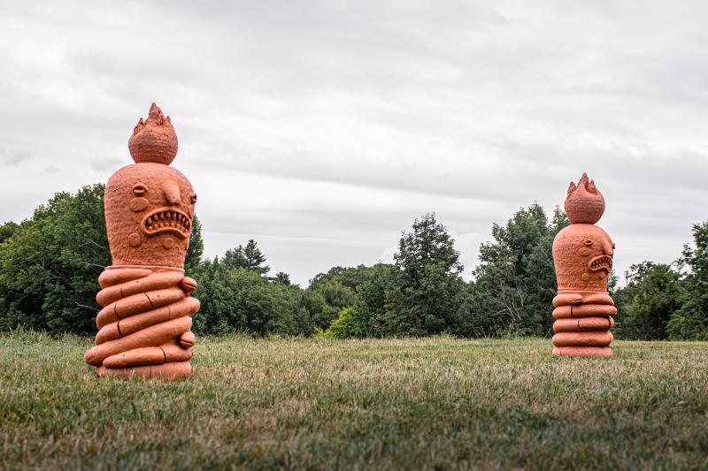 “Cosmic Portals” by The Color Network artist Natalia Arbelaez installed on Watershed Center for the Ceramic Arts’ campus in 2020. Courtesy of Claire Brassil Portals by artist Natalia Arbelaez