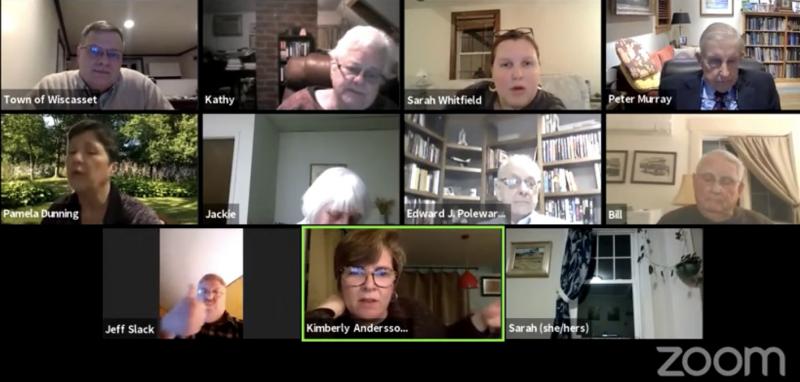Jeff Slack, lower left, gives a thumbs up Feb. 16 as fellow selectman Kim Andersson, next box over, comments, “People seek out public art installations.” Zoom screenshot