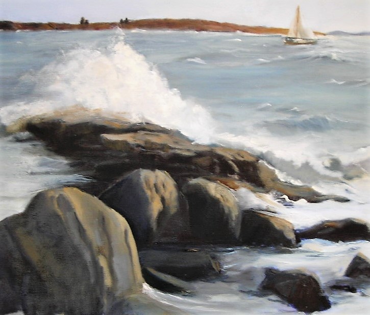 “On the Rocks - Ocean Point,” - oil on linen/board, 14” x 18” by
Cheryl Blaydon. See more of her paintings at Southport Memorial Library through June. Courtesy of the artist Cheryl Blaydon
