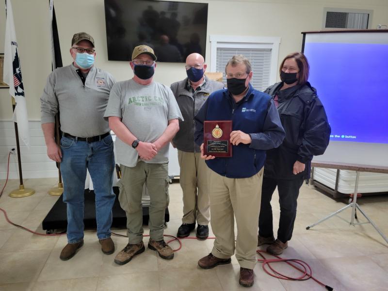 Present for honoring Sergeant Joel Davis are, from left, Edgecomb Fire Chief and Association Vice President Roy Potter, South Bristol Fire Chief and Association President Mark Carrothers, Senior Investigator Kenneth MacMaster, Sergeant Joel Davis (retired), and Sergeant Mary MacMaster, Office of Maine State Fire Marshal. Courtesy of Lynn Martin