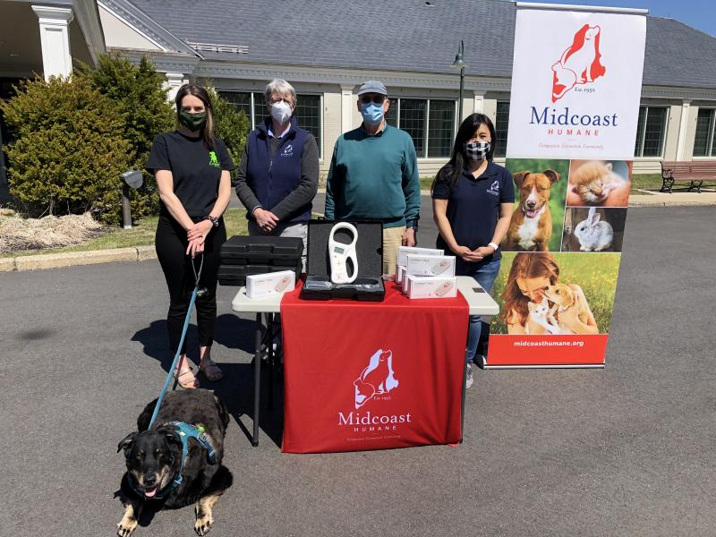 This photo was taken in front of Midcoast Humane’s future home at 5 Industrial Parkway, Brunswick. Pictured from left are: Lara Chick and her dog Fozzie, Loyal Biscuit Co.; Mary P. Sundeen, president, Midcoast Humane; Robert Jones, board member, Midcoast Humane; and Desiree Roberts, director of Shelter Operations, Midcoast Humane. Courtesy photo