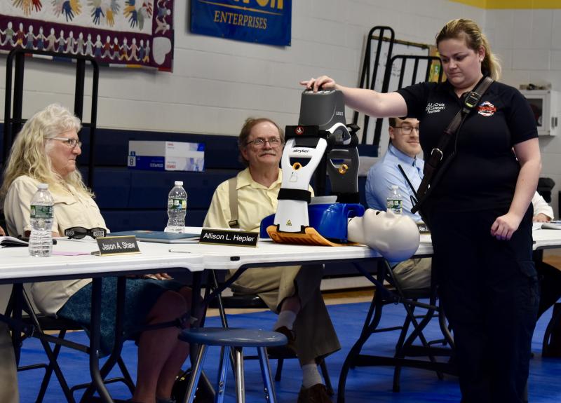 The audience got a demonstration of the EMS department’s LUCAS chest compression system. PHIL DI VECE/Wiscasset Newspaper