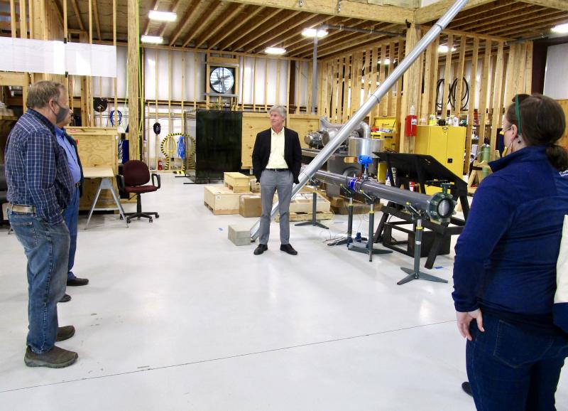 David Stapp of Peregrine Turbine Technologies, LLC gives a tour at his research facility at Wiscasset Municipal Airport. PHIL DI VECE/Wiscasset Newspaper