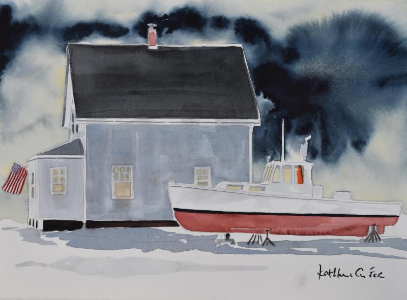 “Abigail” depicts a minister’s house and the “three different things pulling him:” lobstering, the flag and God. Courtesy of Kathleen Fox