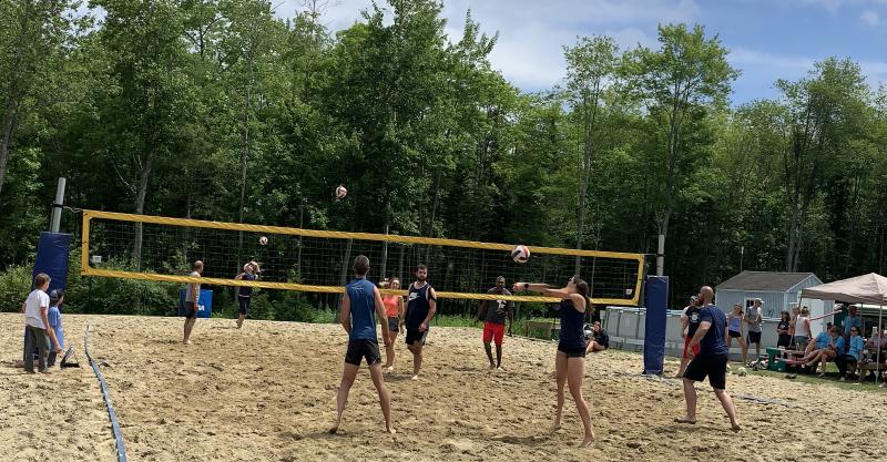 This panoramic photo captures a volleyball at different points in a single attempt at a point, during Saturday’s tournament at Jones Sand Court in Wiscasset. SUSAN JOHNS/Wiscasset Newspaper