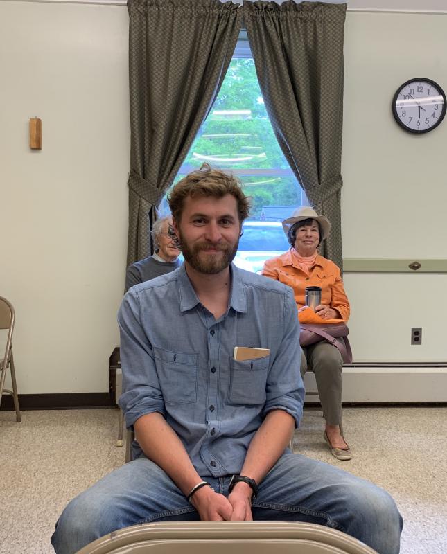 Zach Kuras of Brother Shucker awaits the June 15 Wiscasset selectmen’s meeting at the town office. SUSAN JOHNS/Wiscasset Newspaper