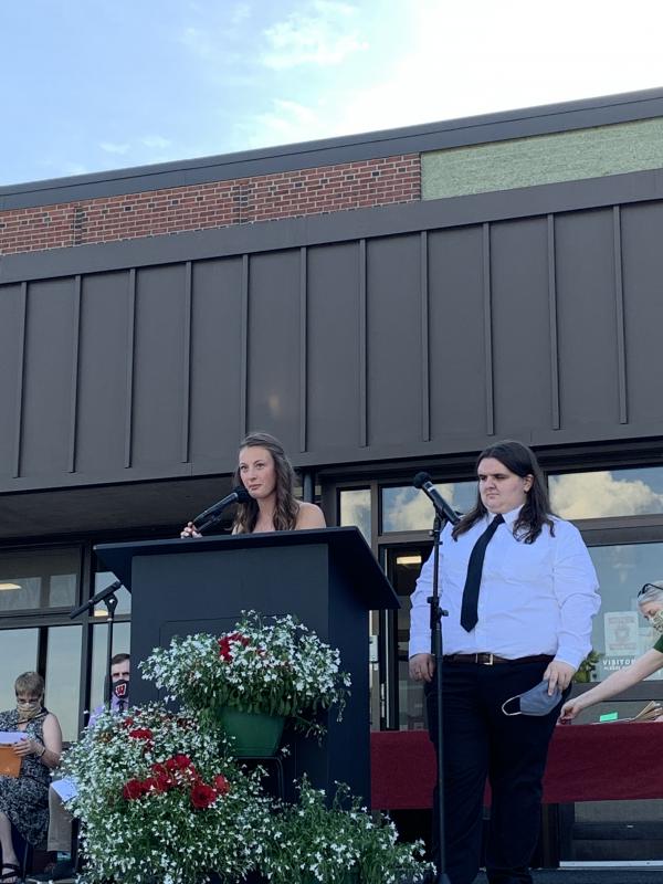 On the WMHS steps, seniors and student council co-presidents Gwen Webber, left, and Gabrielle Leavitt welcome attendees to awards night. SUSAN JOHNS/Wiscasset Newspaper