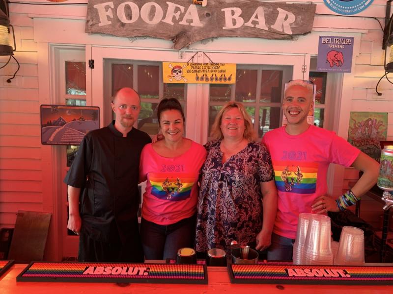 Brady’s Pub in Boothbay Harbor is one of the few businesses not impacted by the labor shortage. Other businesses face closing down one to two days per week due to not enough labor. Pictured: Executive Chef Stan Hornsby, bartender Kristen Senior, owner Jen Mitchell and Front of House Manager Shane McBay. BILL PEARSON/Boothbay Register