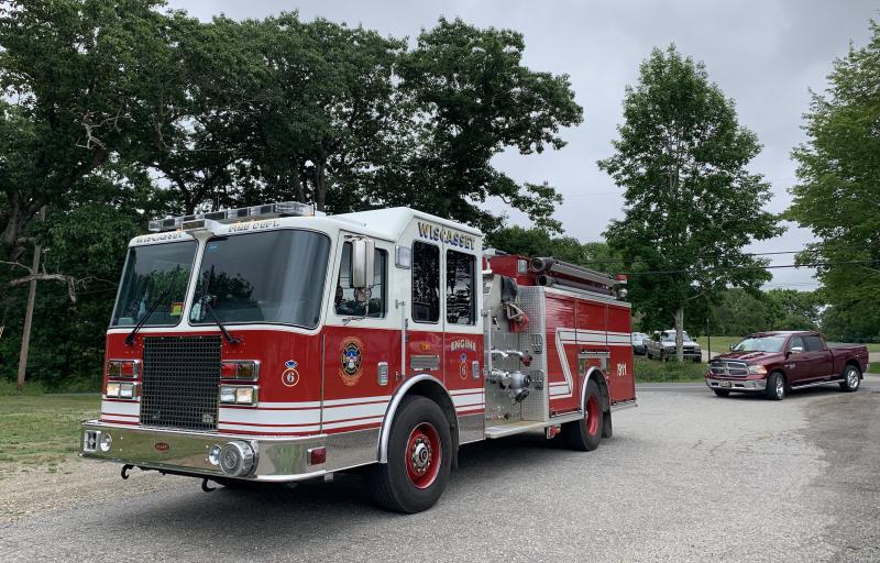 Wiscasset Fire Department arrives after helping escort the mobile display to the speedway. SUSAN JOHNS/Wiscasset Newspaper