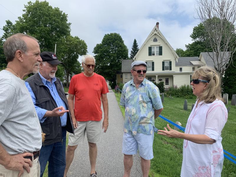 From left, Federal Street Ding-a-lings Peter Wells, Bob Bond, Ernie Gallerani, Billy Blaylock and Terri Wells meet July 15. SUSAN JOHNS/Wiscasset Newspaper