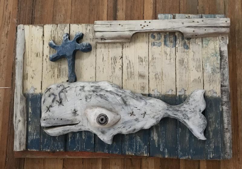 “Thar She Blows,” - assemblage of recycled wood and found objects by Scrapwood Renaissance artist Eric Graffam. On display in the Hasenfus Pop-Up Studio during the WAW. Courtesy of Lucia Droby Eric Graffam