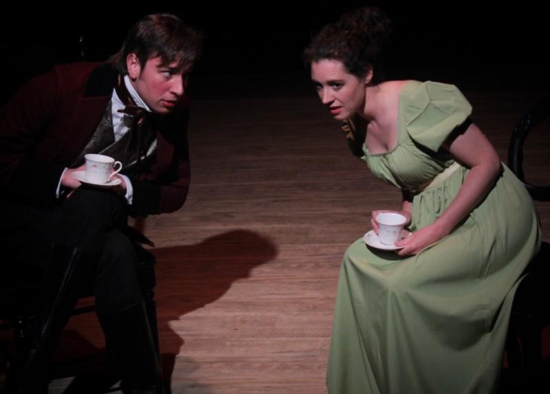 Nick Miaoulis as Wickham telling stories about Mr. Darcy to Lizzy, played by Jenny Brown. Courtesy of Heartwood