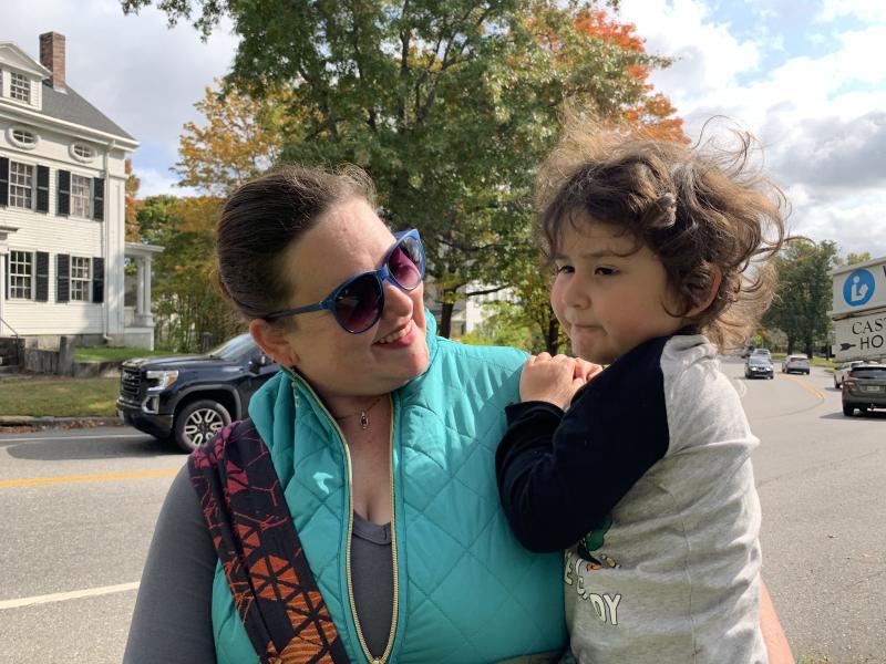 Annaliese Hart of Houston, Texas and son Damian, 4, check out scarecrows Oct. 9 at a Wiscasset Area Chamber of Commerce contest that kicked off Wiscasset’s Scarecrowfest. SUSAN JOHNS/Wiscasset Newspaper