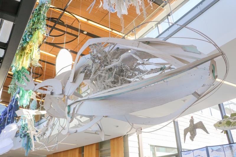 A new, two-story art installation that celebrates ocean life and scientific efforts hangs from the ceiling at Bigelow Laboratory for Ocean Sciences. The exhibit is the culmination of a three-year project focused on the Gulf of Maine. Courtesy of Bigelow Laboratory