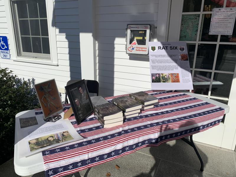 A display of Jack Flowers’ book, “Rat Six,” outside the library. KEVIN BURNHAM/Boothbay Register