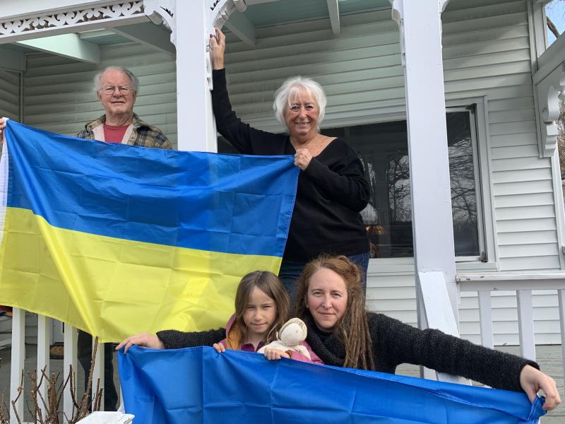 Wiscasset residents show support for Ukraine March 18. Front, Anjali Chung, 7, and mother Ammi Bai Chung; back, Larry Flowers and Terry Heller. SUSAN JOHNS/Wiscasset Newspaper