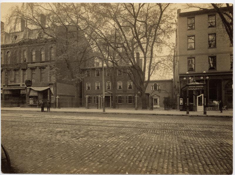 MHS campus on Congress Street in Portland, as it appeared ca 1908. Wadsworth-Longfellow House is in the center. Collections Maine Historical Society