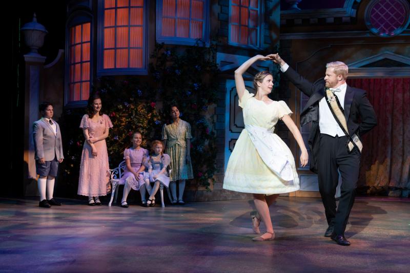 Gregory J Trapp Jr. (Kurt), Taylor Quick (Liesl), Lily Philbrook (Marta), Josie Marzilli (Gretl), and Sophia Scott (Louisa) watch as Hanley Smith (Maria), Will Ray (Captain Von Trapp) demonstrate an Austrian folk dance in a scene from MSMT’s “The Sound of Music” playing through June 25. Jared Morneau Photography