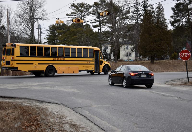 The intersection of Nequasset Road and Route 1 before the traffic signal was installed replacing a blinking caution light. The Woolwich municipal building and the elementary school are on Nequasset Road on opposite sides of Route 1. File photo