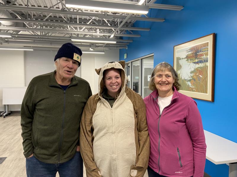 Bill Haney, Erin Gray in her "otterly awesome" outfit, and Jo Haney attend the staff event. Courtesy of Allyson Goodwin
